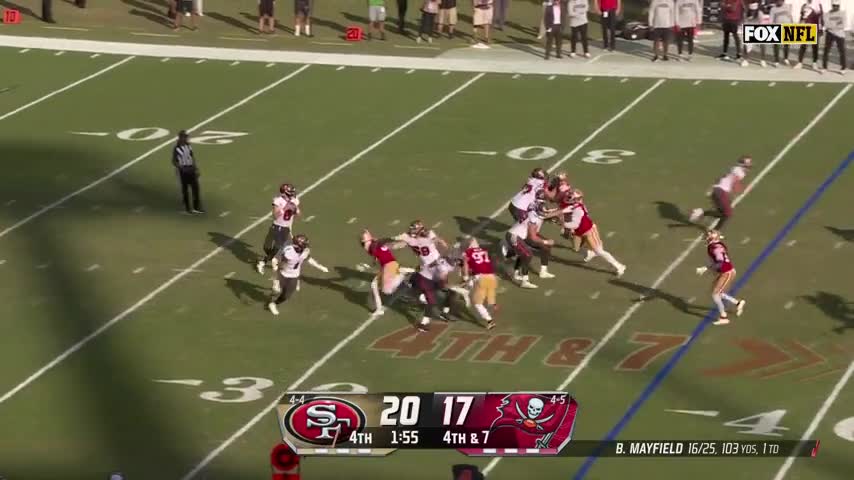 \Mayfield fights off Bosa with a stiff arm, completes pass to convert 4th down